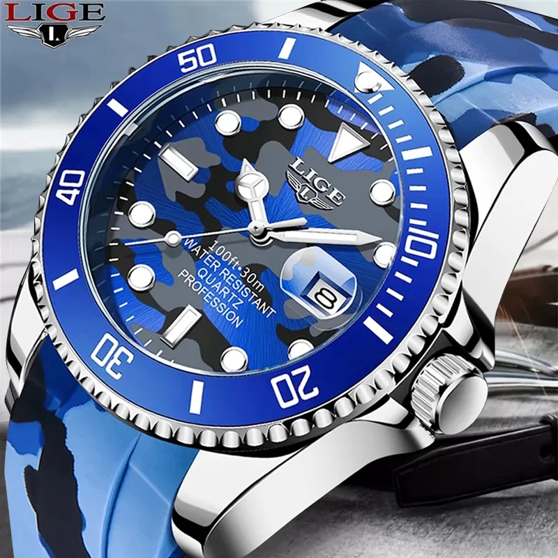 Lige Fashion Men يشاهد أفضل العلامة التجارية الفاخرة Quartz Wristwatch Sport Navy Blue Camouflage Silicone Watch for Men Relogio Maschulino