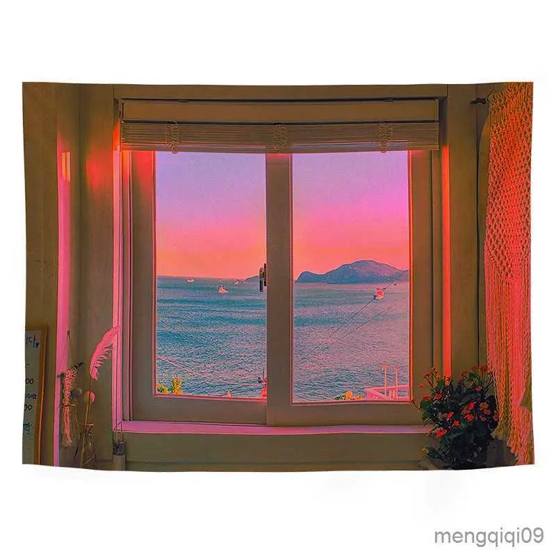 Tapisseries Fenêtre Tapisserie Mer À L'extérieur De La Fenêtre Tenture Étoilée Tapis Couverture Couvre-Lit Yoga Serviette Maison Plage Mur Décor Dropship R230713