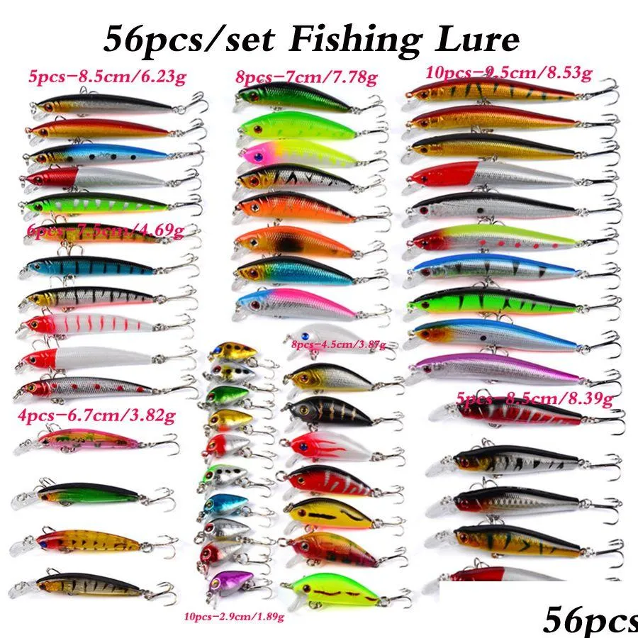 Appâts Leurres 56Pcs / Lot Ensemble De Pêche Mixte Minnow Lot Leurre Appât Crankbait Tackle Basse Pour Eau Salée Truite D'eau Douce Saumon Drop Deli Dh5Jl