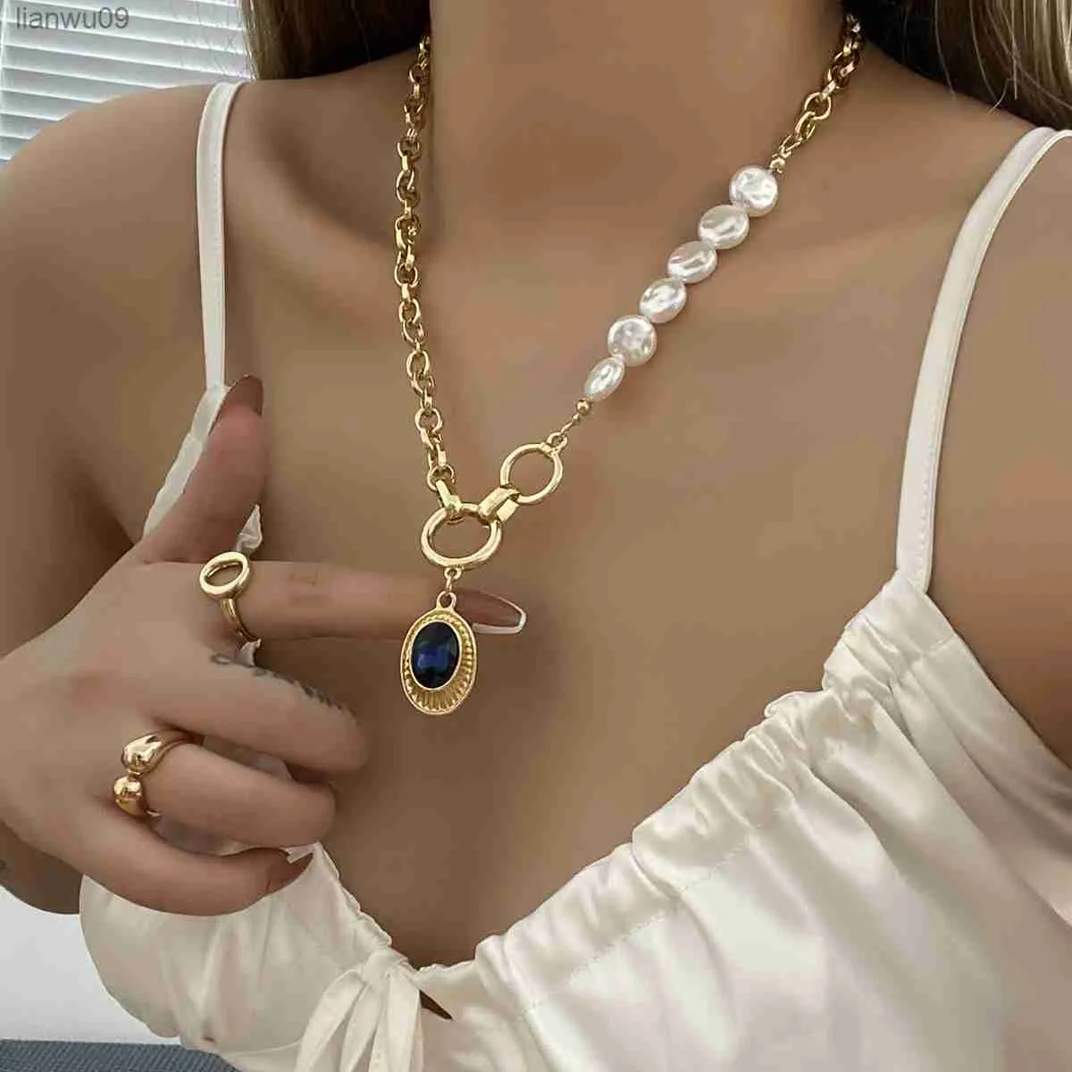 AENSOA Vintage lungo blu ciondolo di cristallo girocollo personalità lusso grande collana di perle strass per le donne gioielli collo femminile L230704