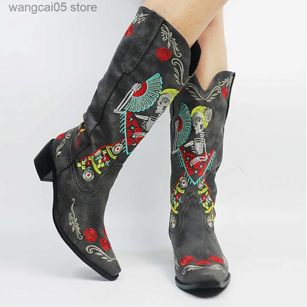 Buty marka Halloween kobiety Mid Calf Boots Chunky Heels Plus Size Classic Retro Vintage Cowboy Cowgirl Boots Autumn Winter Buty Woman T230713