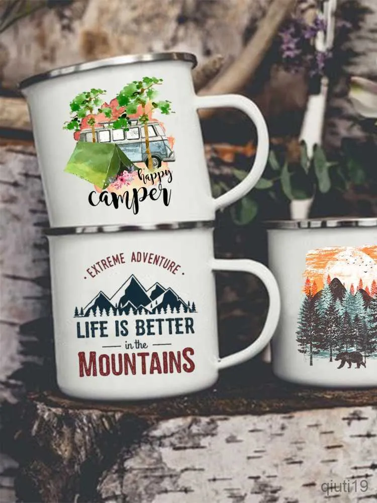 Mokken Avontuur Bos Berg Print Emaille Creatieve Koffie Water Melk Cups Camping Mokken Handvat Drinkware Kampvuur Camper Mok Geschenken R230713