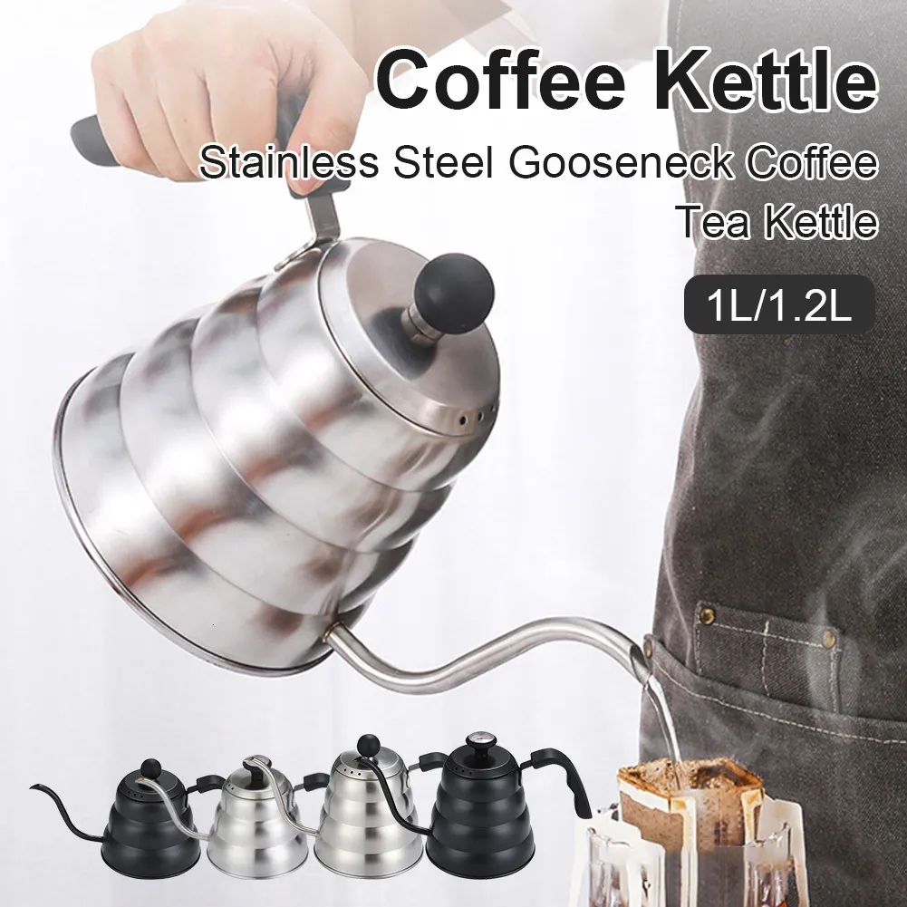Coffee Pots 1L1.2L Pour Over Coffee Kettle Stainless Steel Gooseneck Coffee Tea Kettle With Thermometer Rubber Handle Cloud Drip Kettle 230712
