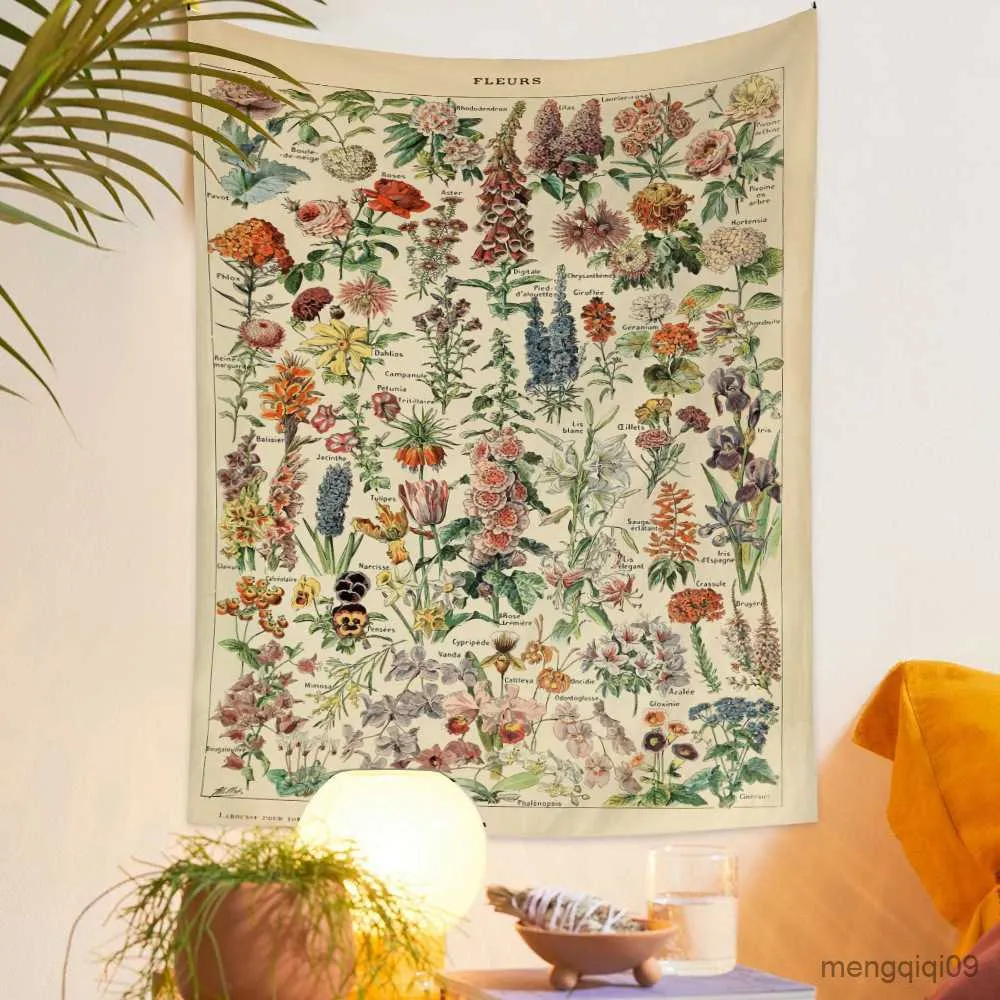 Tapissries Botanical Print Floral Tapestry Wall Hanging Mushroom Tapestry Vintage Boho Wildflower Vegetable Tapestry Colorful Home Decor R230713