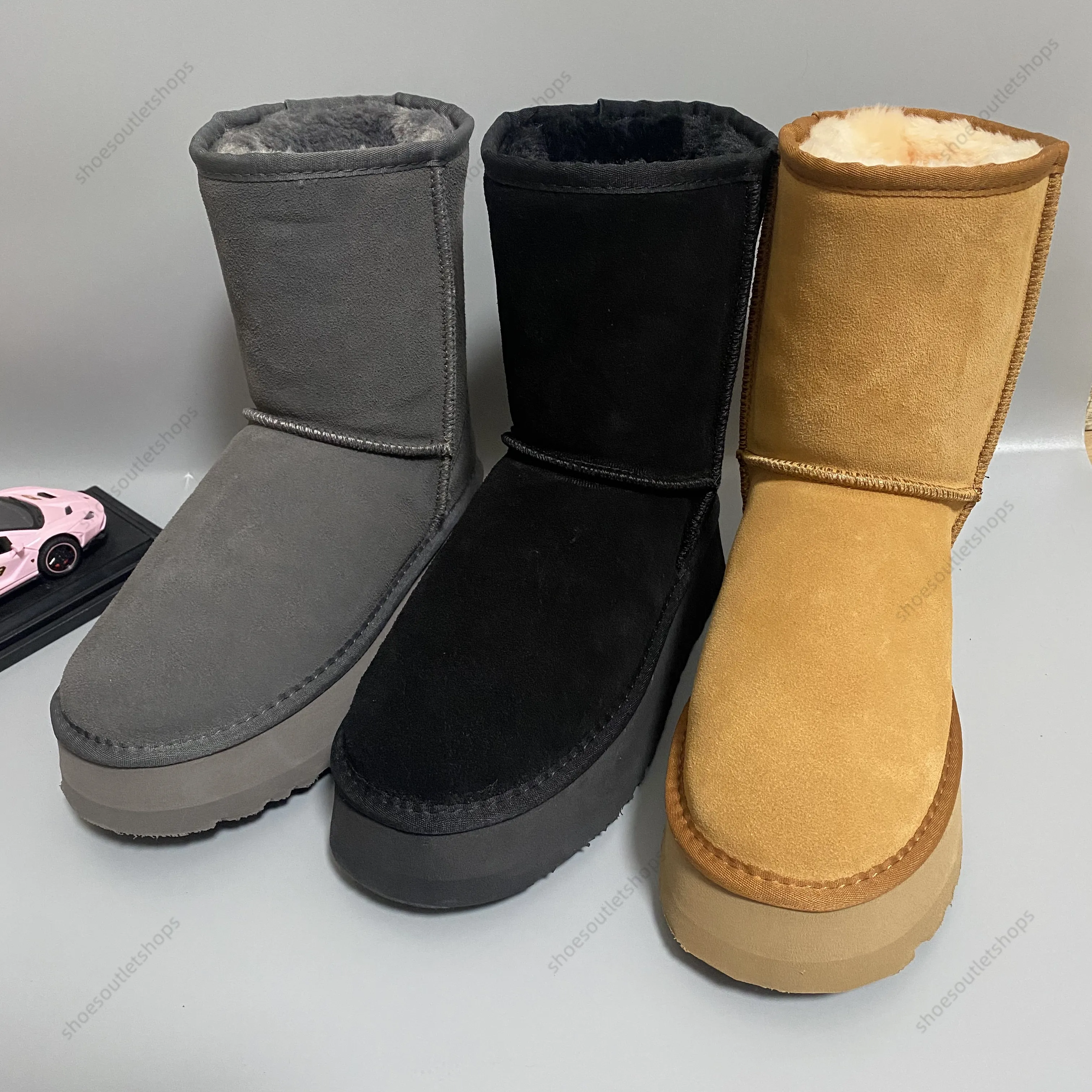 Mujeres clásicas Ultra Designer Plataforma australiana Hombres Cuero real Cálido 5825 4 cm Invierno Piel completa Mullido peludo Satén Botines Botines Botas de nieve EUR 34-43