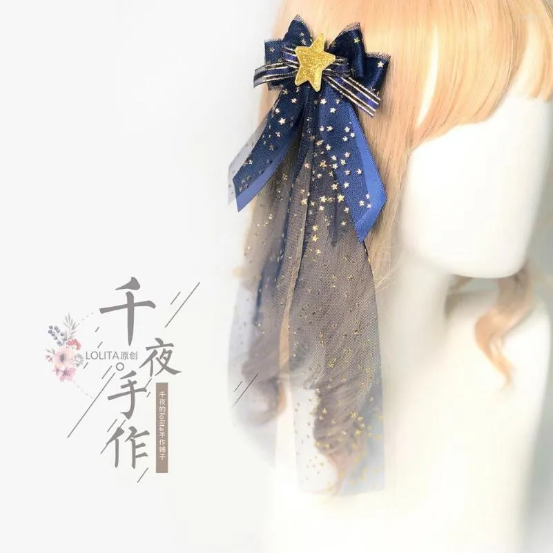 Party levererar original handgjorda kawaii söta mori flicka mörkblå stjärnhimmel hårnål hand ärm cosplay elegant te barock huvudbonader
