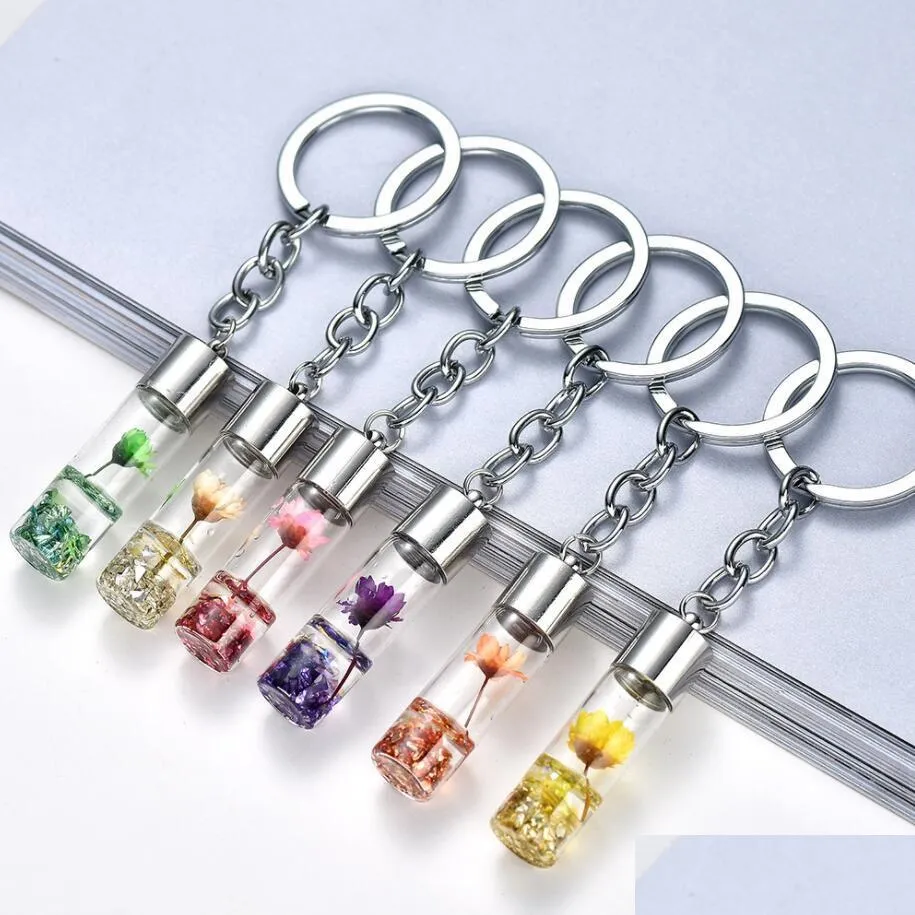 Key Rings Fashion Natural Eternal Flower Keychain Dried Flowers Plants Chains Wishing Bottle Keyrings Holder Women Bags Drop Deliver Dhrkr