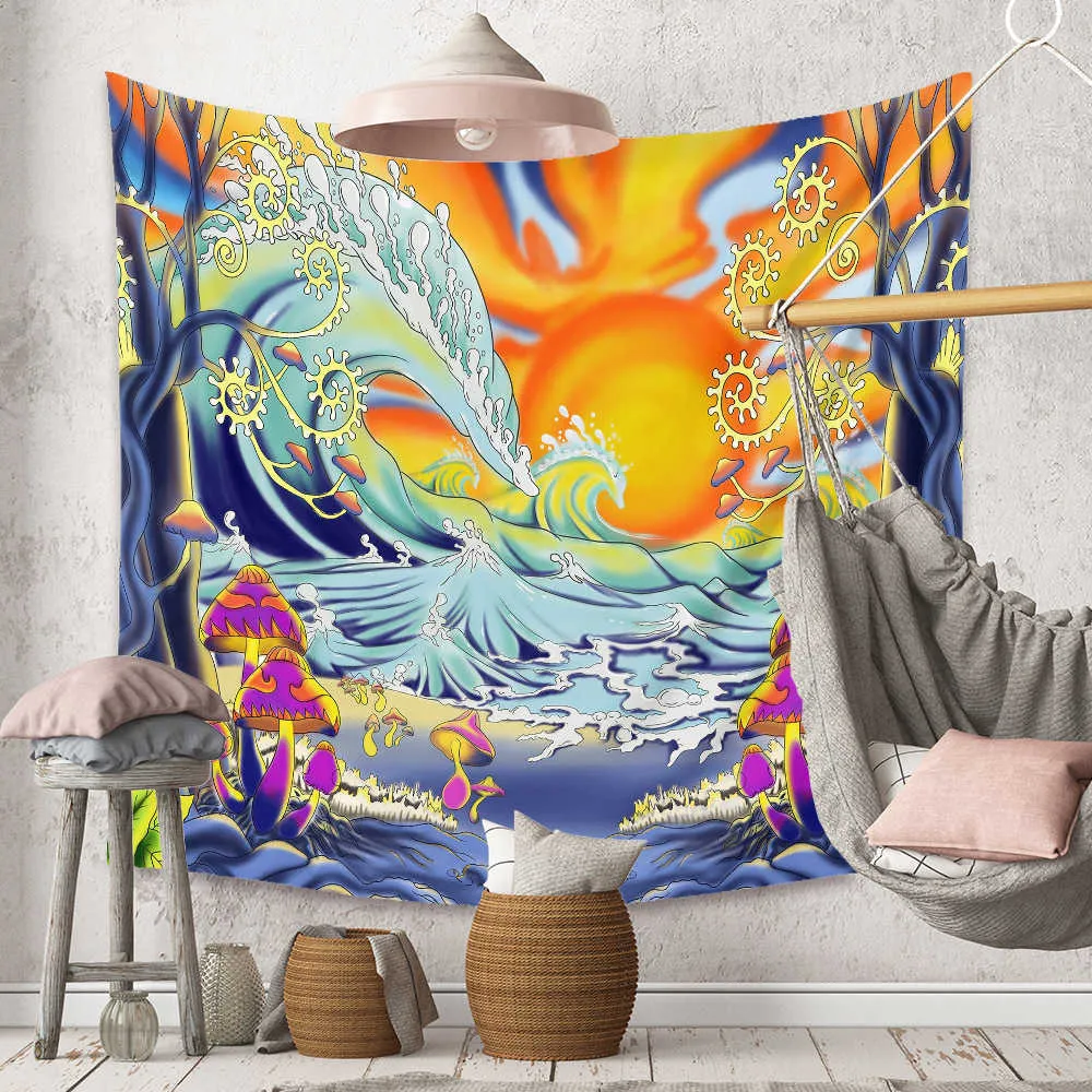 Tapisserier estetiska färgglada vågor sol tapestry vägg hängande stort tyg tapestry vägg hängande boho hippie tyg sovsal rum dekor