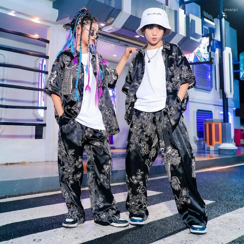 Stage Wear Boys Black Hip Hop Dance Clothes Girls Shirt Pants Summer Short Sleeves Suit Kids Modern Performance Costume Rave Outfits