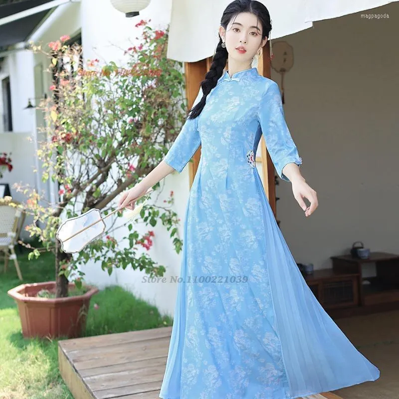 Ethnic Clothing 2023 Ao Dai Traditional Vietnam Dress Chinese Improved Cheongsam Retro National Flower Print Qipao Evening Vestido