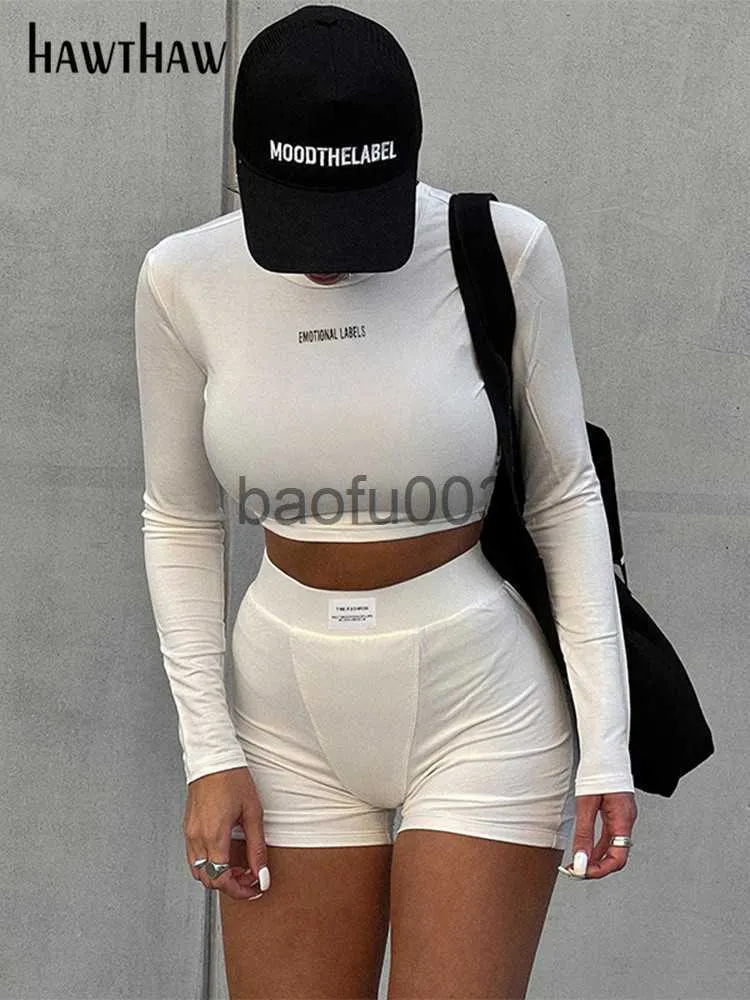 Womens Two Piece Pants Dome Cameras Hawthaw Women Long Sleeve Crop Tops Shorts Pants Two Piece Sets Tracksuit 2022 Autumn Clothes Wholesale Items For Busi J230713
