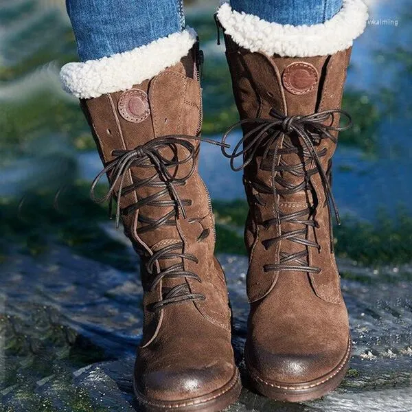 Buty 6 zimowe grube śniegowe damskie zamszowe ciepłe pluszowe platformy futro zasznurowane modne damskie botki grube obcasy