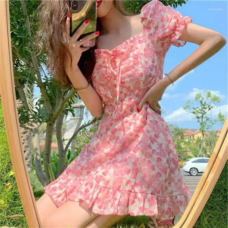 Günlük elbiseler yaz pembe çiçek dresleri Japonya sevimli kız elbise kadınlar güzel Koreli sundress vintage tatlı fırfırlar kadın tatil