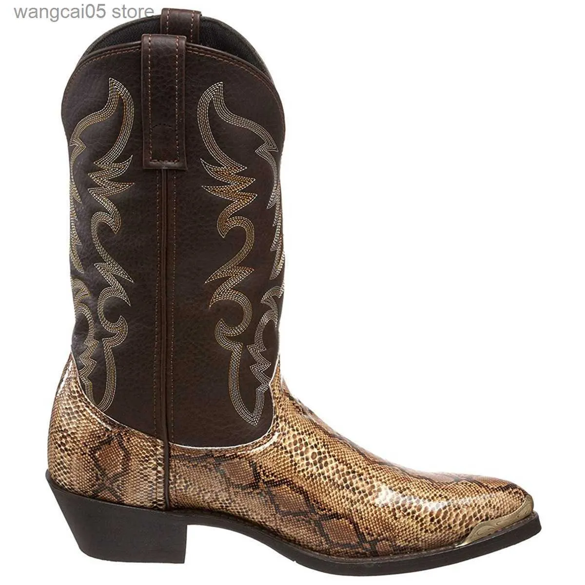 Bottes Rétro Hommes Femmes Bottes Golden Head Serpent Peau Faux Cuir Chaussures D'hiver Brodé Western Cowboy Bottes Unisexe Chaussures Grande Taille T230713