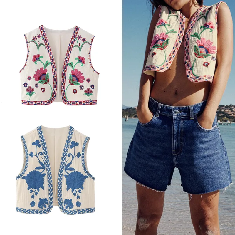 Womens Tanks Camis Traf Women Vintage Floral Embroidered Open Waist Coat Ladies National Style Vest Jacket Outfits Casual Vacation Crop Top 230712