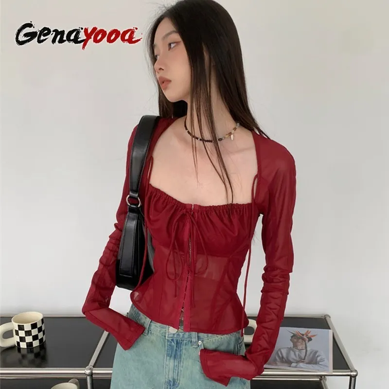 T-shirt femme Genayooa Y2k Vintage T-shirt Femme Japonais Voir à travers Mesh Tops Lace Up Hollow Out T-shirts E Girl Sexy 2000s 230712