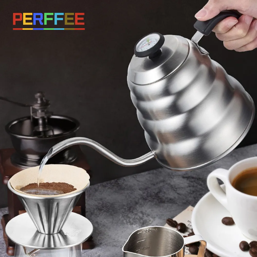 コーヒーポットコーヒードリップケトル温度計付きステンレス鋼薄いマウスグースネックコーヒーポットドリップコーヒーケトル1L1.2L 230712