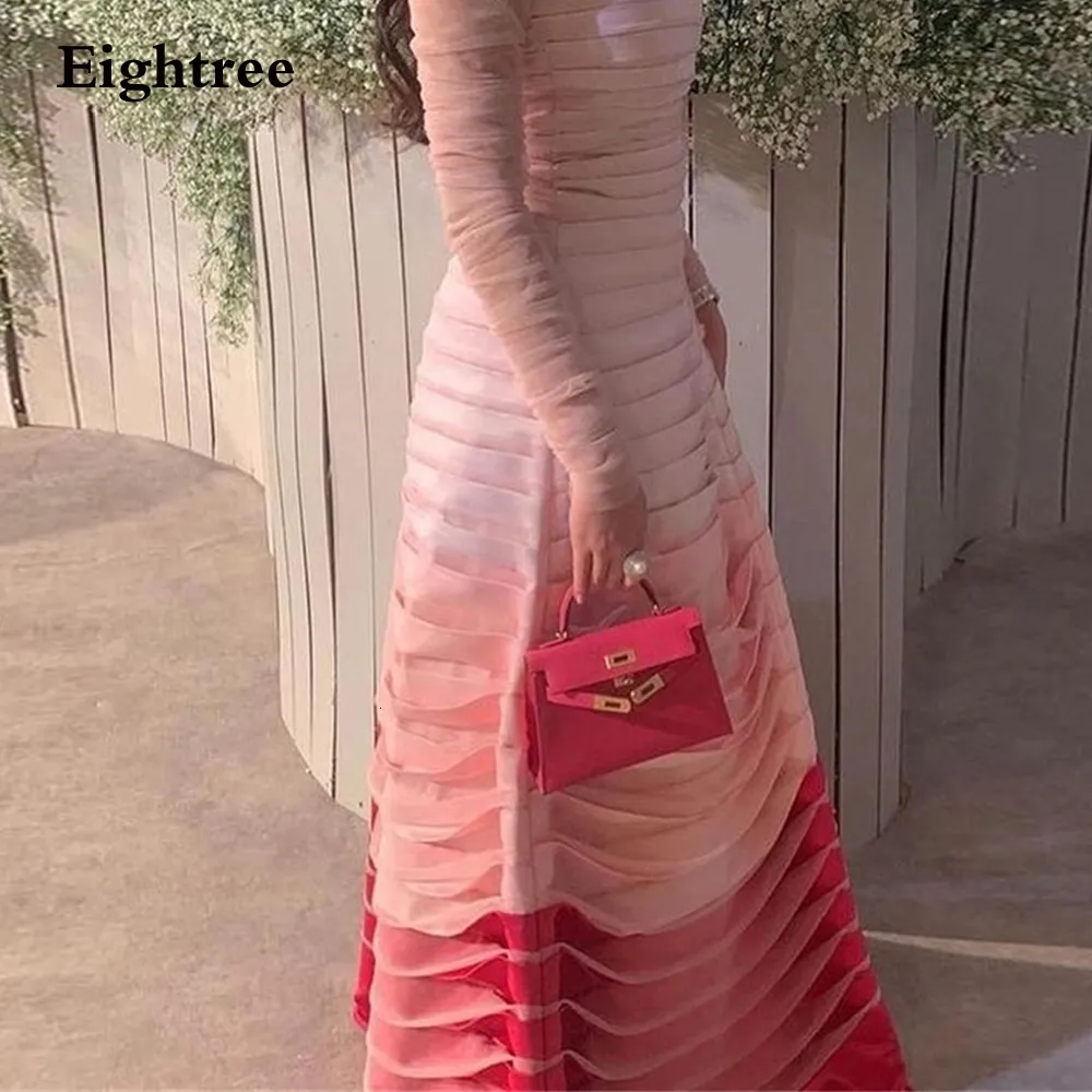 도시 섹시 드레스 Eightree Pink and Red Evening Tulle Strapless Long Sleeves Abendkleider Dubai Party for Women 2023 230712