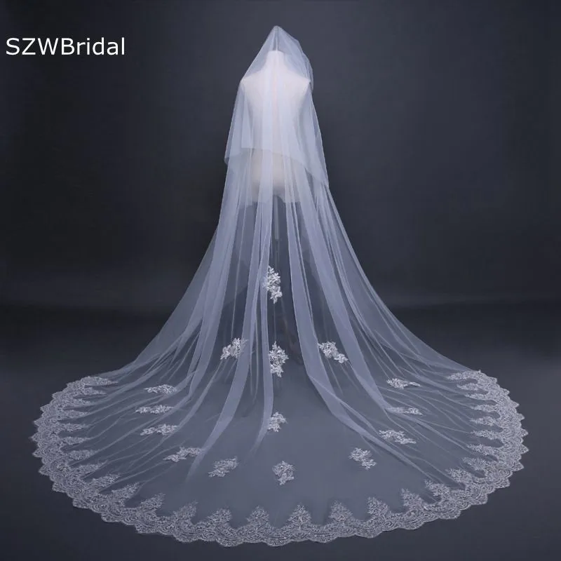 Bijoux de cheveux de mariage Arrivée Ivoire Cathédrale Voile de mariage Deux couches Appliques Dentelle Voiles de mariée Voile Slub Velo novia Accessoire de désherbage sexy 230713