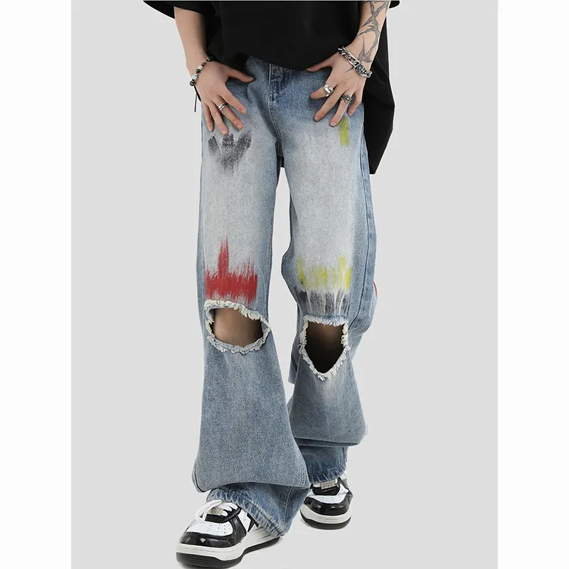 Streetwear Vintage Zerrissene Malerei Prozess Jeans Frauen Sommer Hohe Taille Hip Hop Schlitz Baggy Hosen Retro Gerade Denim