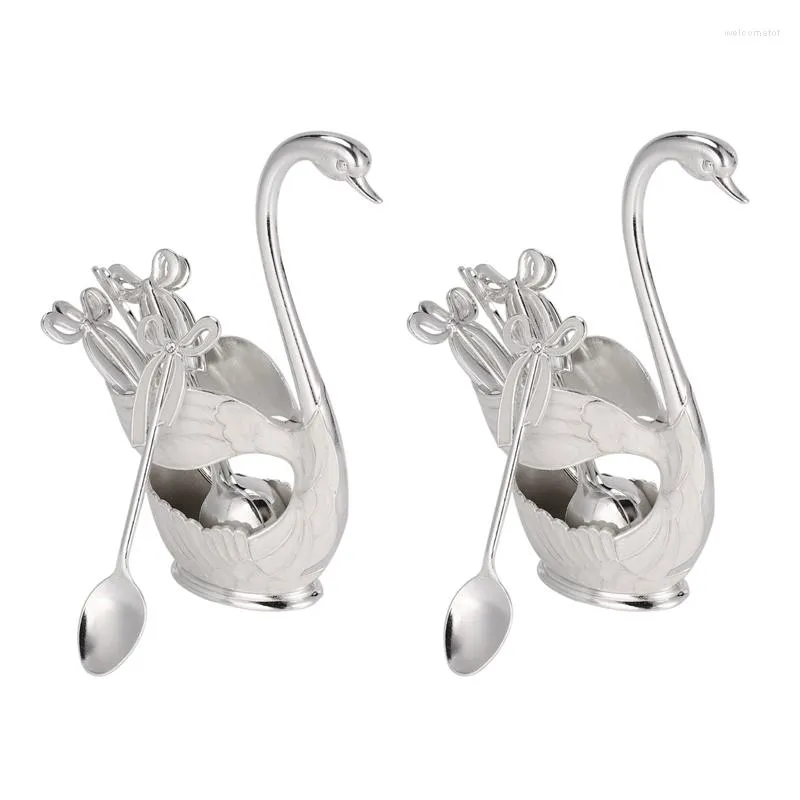 Yemek takımı setleri set çinko alaşım meyveli kek çatal kahve çay kaşığı kuğu tutucu çatal bıçak takımı 2xswan 12xspoons gümüş perakende