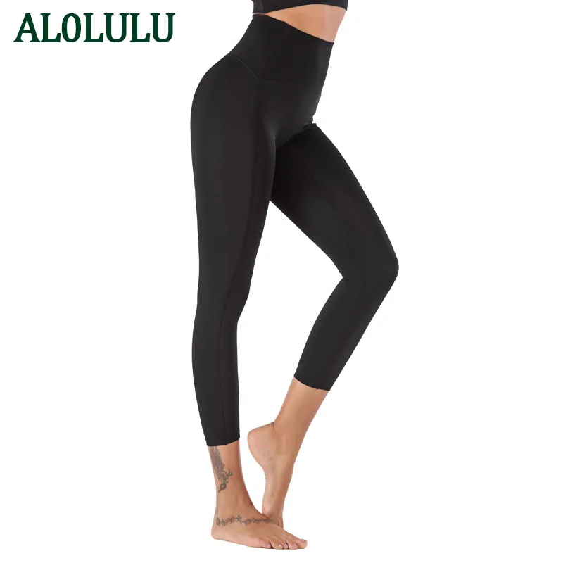 AL0LULU Calças de ioga com logotipo cintura alta cintura alta elástica para levantamento de bumbum elástico pêssego roupas esportivas calças de corrida