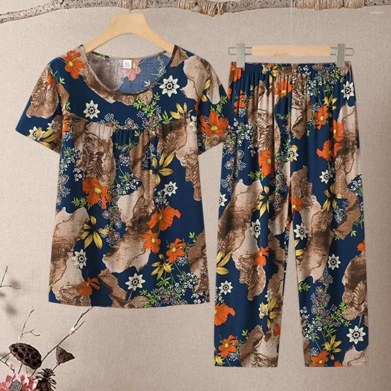 Dames 2-delige broek 2 stuks/set Oma Zomerpyjama O-hals Elastische taille Losvallend Dun Slapen Wijde pijpen Kleurrijke bloemenprint Middelbare leeftijd