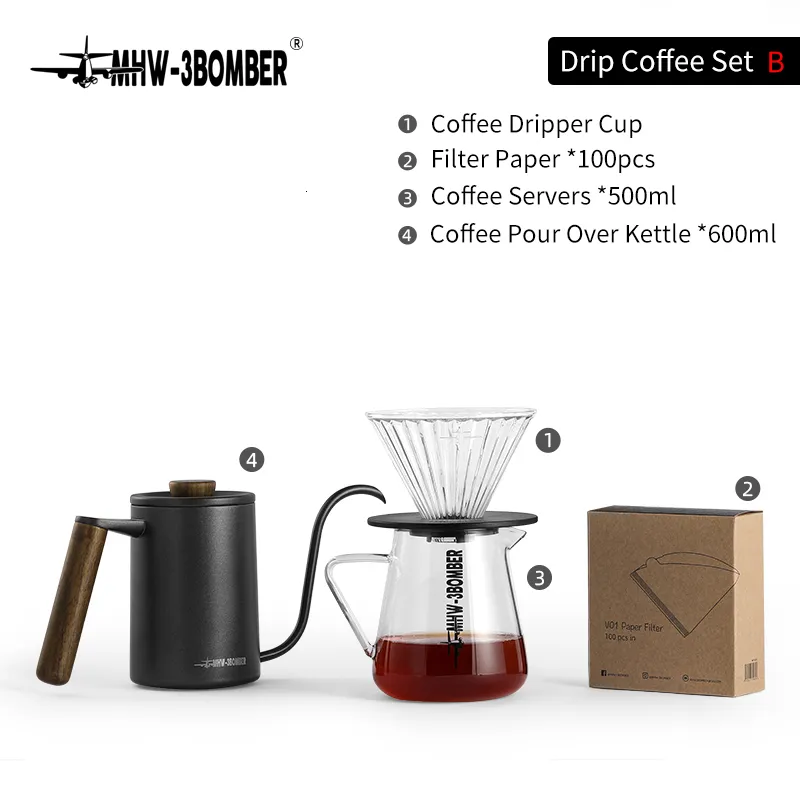 مجموعات Coffeware MHW-3BOMBER DRIP COFFEE SET 600 مل صب على غلاية GOSENECK SPAUT TEA POT GLASE FILTER CUP PAPER SARVORIES 230712