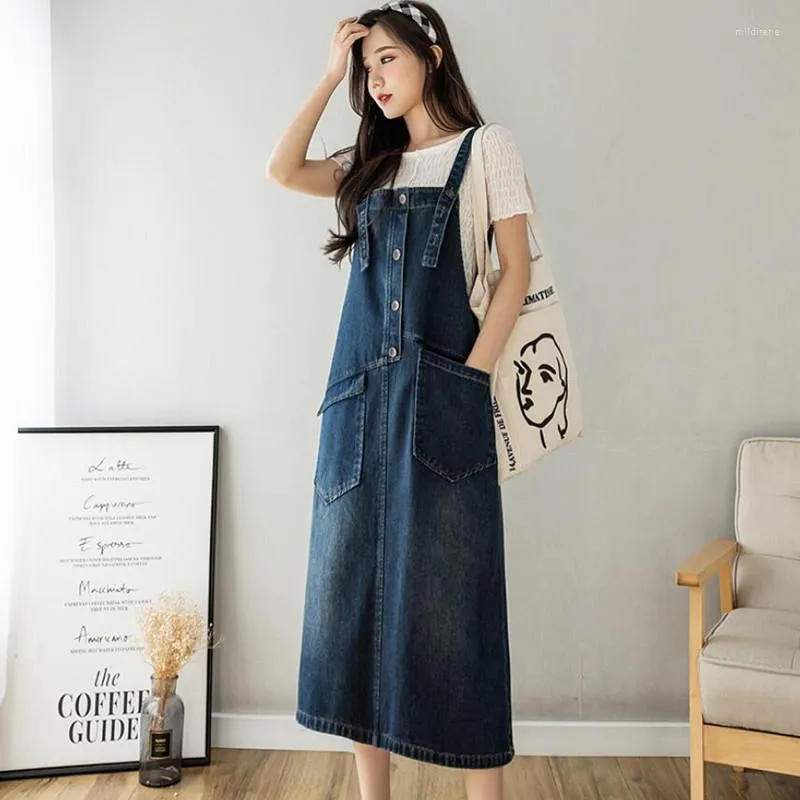 Women's Denim Suspender Dress Casual Over-the-Knee Long Strap Overall  Dress, Spring Summer Autumn Loose Fit Trendy Comfortable