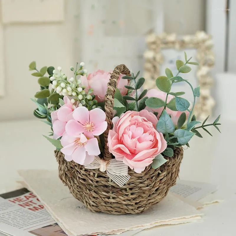 Decorative Flowers Hand Woven Flower Basket Vine Plastic Bow Knot Simulated Bonsai Peony Eucalyptus Home Decor
