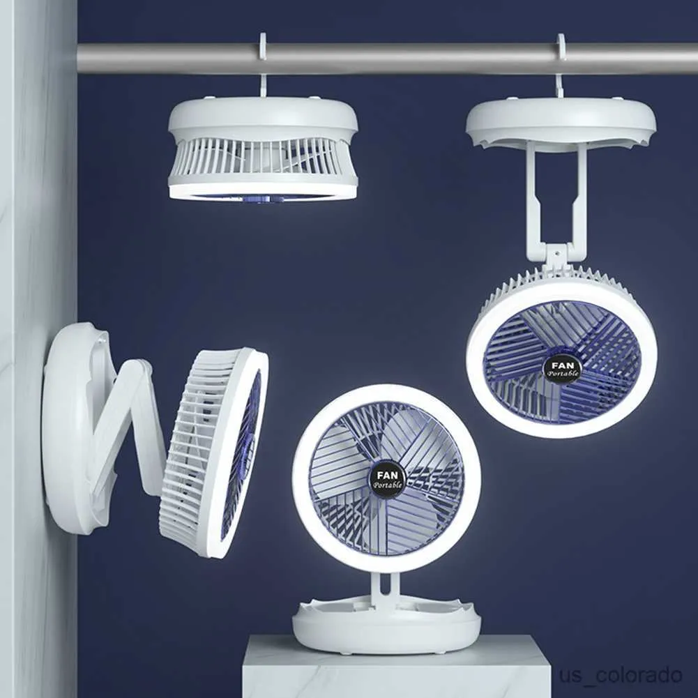 Foldable Camping Fan With LED Light, USB Rechargeable, 2400mAh Battery