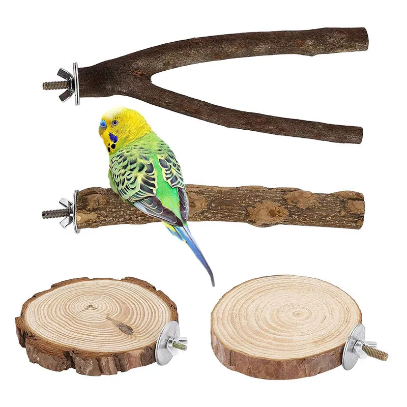Natural Wood Bird Perch Set With Multi Branch Platform Hammock Nest