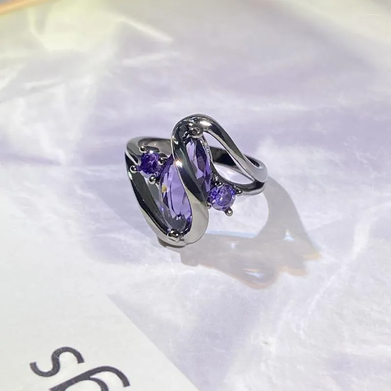 Cluster Ringen Zilver 925 Ingelegd Goud-Zwart Hip Hop Stijl Paars Crystal Gem Voor Vrouwen Geometrie Art Cool paar Partij Sieraden Gift
