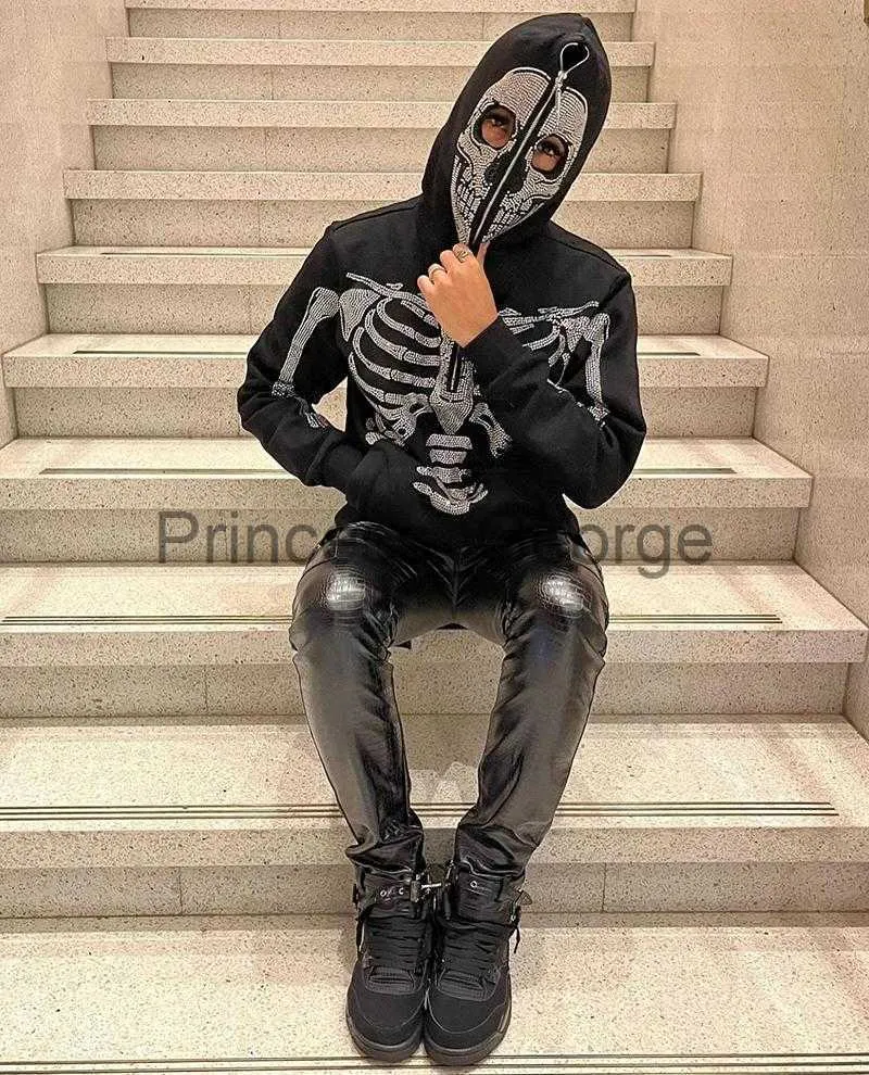 Mens Hoodies Sweatshirts Herr Hoodies Sweatshirts Y2K Jacket Mens Rhinestone Skeleton Sweatshirt Korean Fashion Punk Sport Coat Pullover Skull Graphics Goth Long