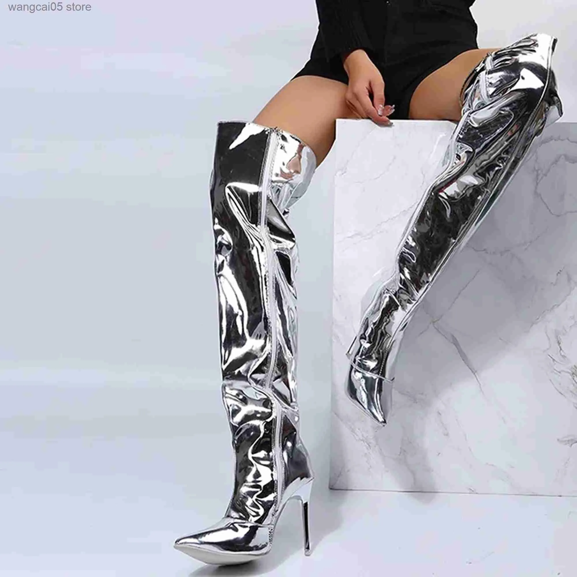 Bottes femmes bottes miroir plate-forme bout pointu punk talons hauts sur le genou bottes longues automne hiver zip argent chaussures de soirée décontractées T230713