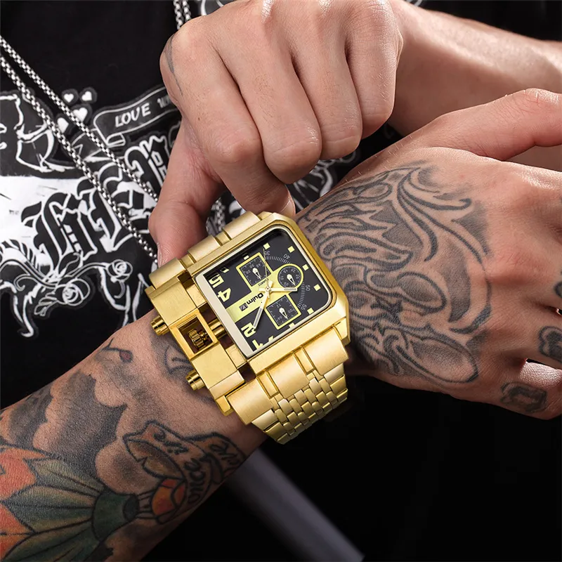 Zegarki na rękę Oulm duży złoty luksusowy zegarek marki ze stali nierdzewnej Auto data męski zegar kwarcowy unikalne wojskowe męskie zegarki Relogio Masculino 230712