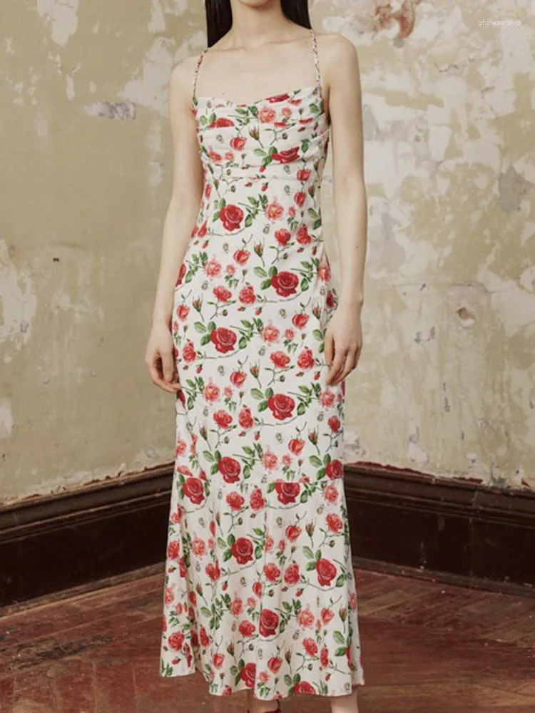 Lässige Kleider Rose Print Damen Camisole Kleid 2023 Sommer Vintage Romantische Damen Sling Midi für den Urlaub