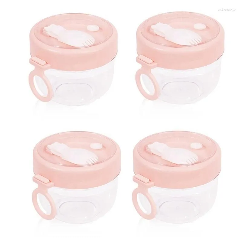 Storage Bottles 4 Pcs Overnight Oats Container With Lids And Spoons 20 Oz Jars For Milk Fruit Salad (Pink)