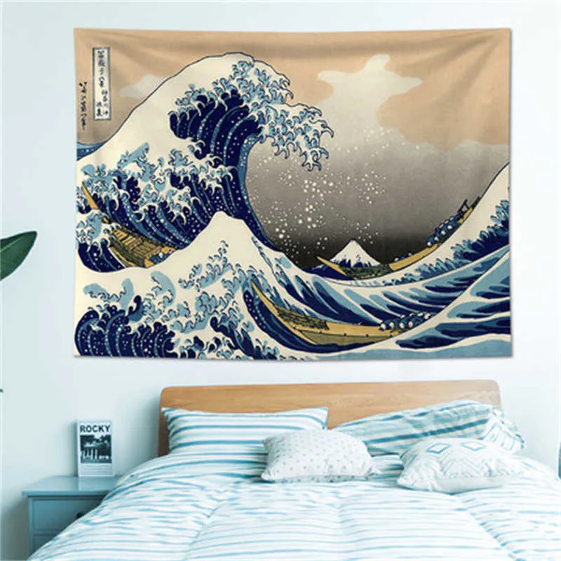 Tapissries Dekorativ hem japansk tapestry Japan Mount Fuji Tapestry Art Printed Tapestry The Great Wave of Kanagawa Wall Hanging