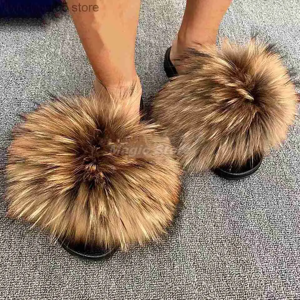 Hausschuhe Echt Waschbär Fell Hausschuhe Frauen 2021 Sliders Casual Fuchs Haar Flache Flauschige Mode Hause Sommer Große Größe 45 Pelzigen flip Flops Schuhe T230713