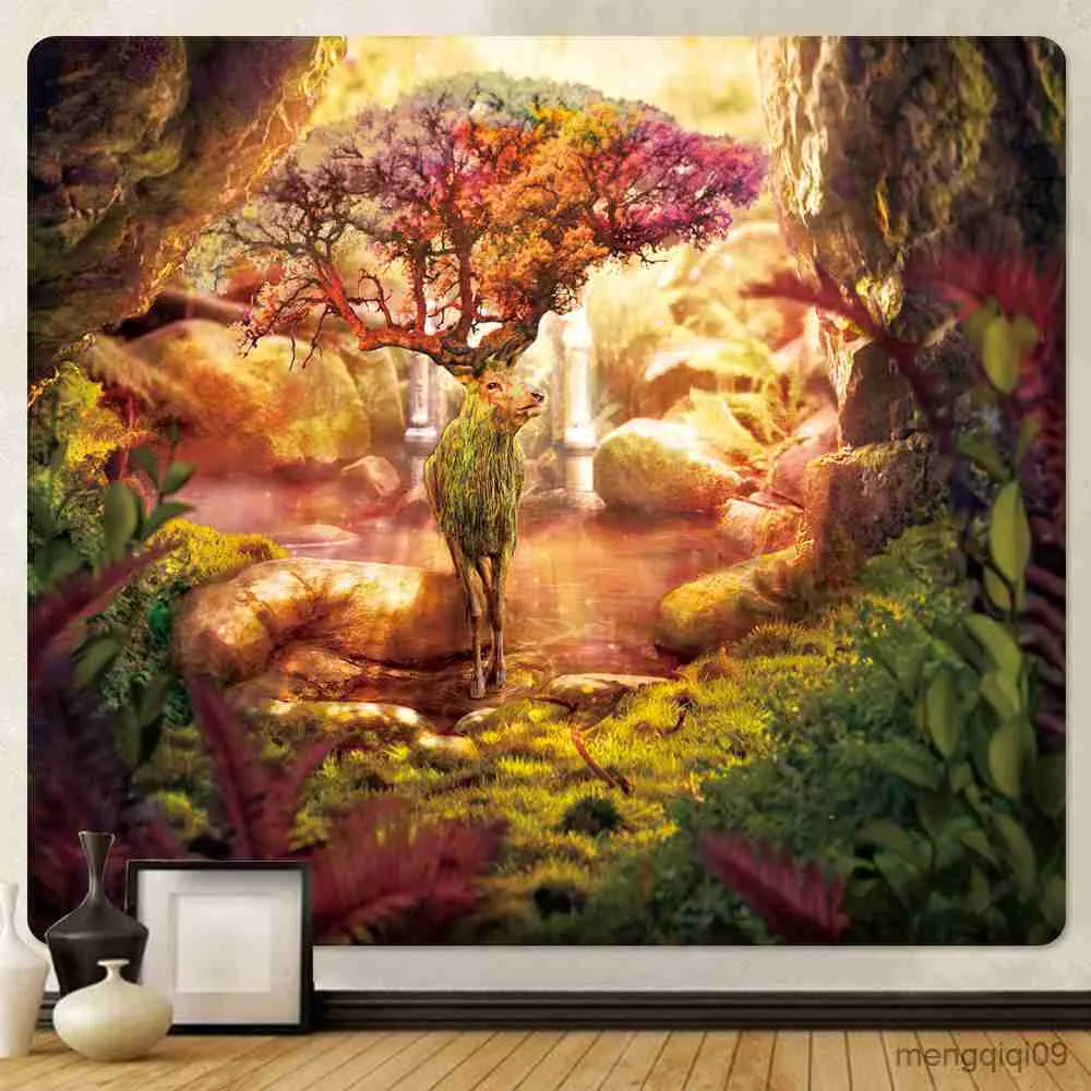 Gobeliny Magic Forest Elf Psychedeliczna scena domowy Art Deco Tobestry Bohemian Decoration Wall Mount Tarot Mata Mata Sypialnia Dekoracja ścian R230713