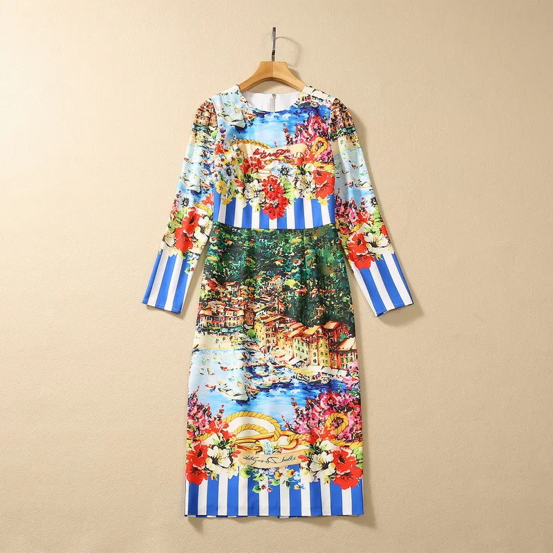 European and American women's dress 2023 summer new style Round neck beads Long sleeve striped landscape print Fashion dress XXL