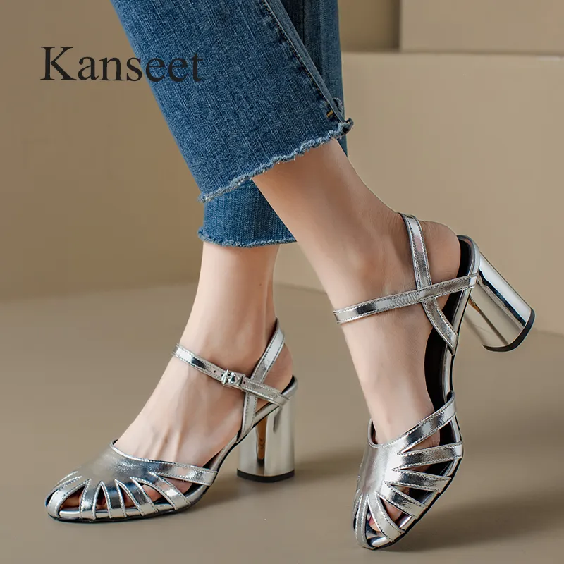 Sandales Kansas chaussures pour femmes été sandales de style romain en cuir véritable robe de soirée élégantes talons hauts chaussures pour femmes sandales argentées 230713