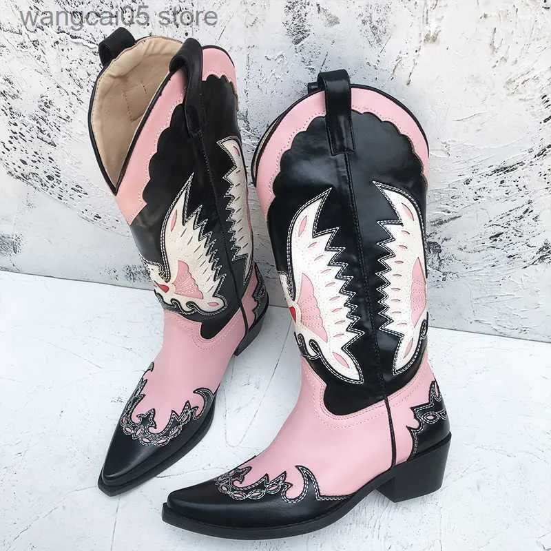 ブーツIppeum Country Western Women Cowboy Boots for Woman Leath Shoes Mid Calf Pink Cowgirl Boots T230713