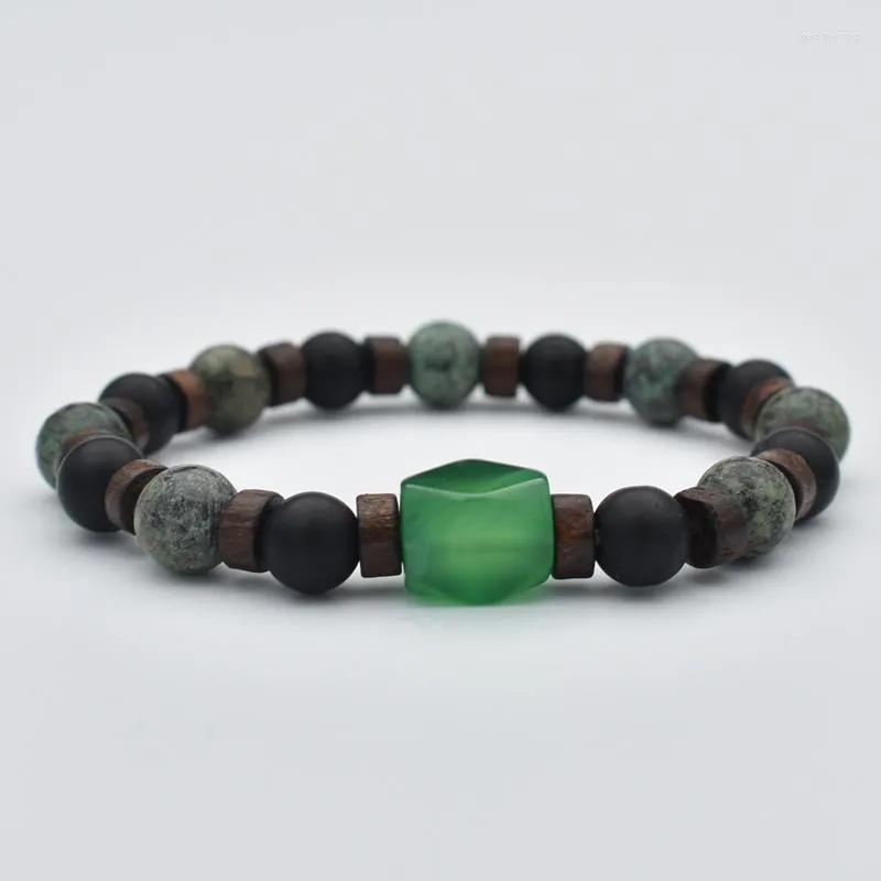 Strand Genuine Natural Stone Bracelet Man Wood Green Gemstone Beads Jewelry For Men Women Bohemia Style Elastic Bangle Wholesale