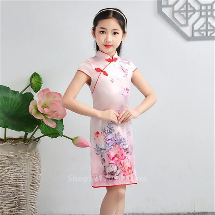 Summer Chinese Flower Print Silk Qipao Kids Baby Girls Traditionell Princess Dress Cheongsam Short Sleeve Retro Vintage Vestido207L