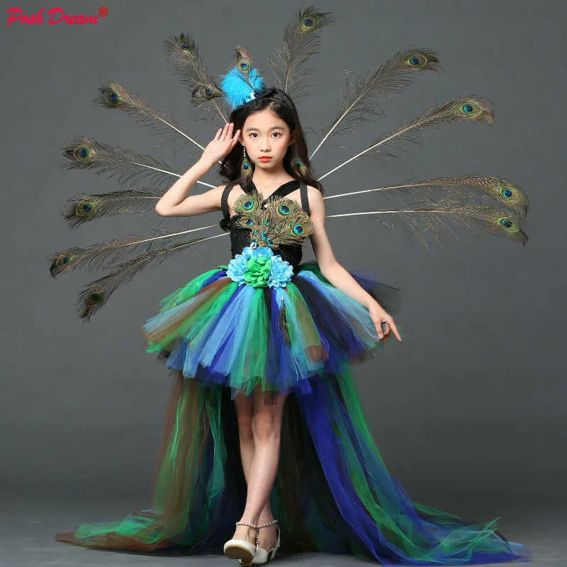 Girl's Dresses POSH DREAM Girl Peacock Flower Party Tutu Dresses for Halloween with Train Tulle Peacock Princess Children Party Evening DressHKD230712