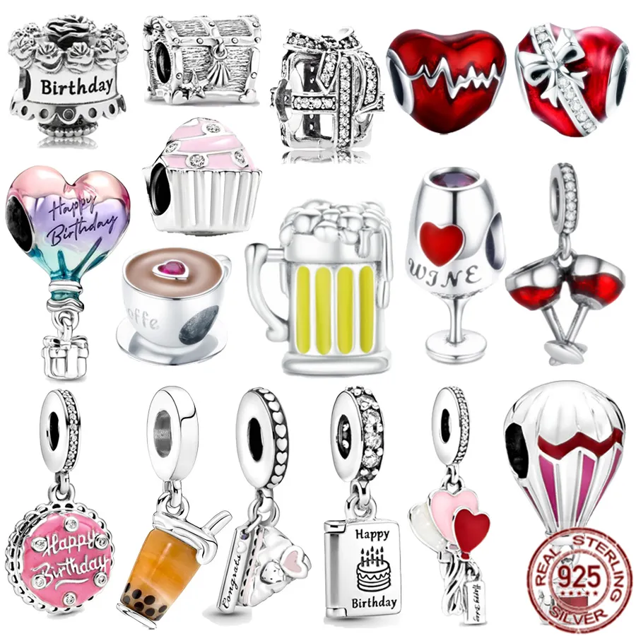 925 Sterling Silber Charm „Happy Birthday“, Geburtstagskuchen, Ballon, Bier, baumelnder Charm-Korn, passend für Original-Pandora-Armband, Damenschmuck, Geschenk