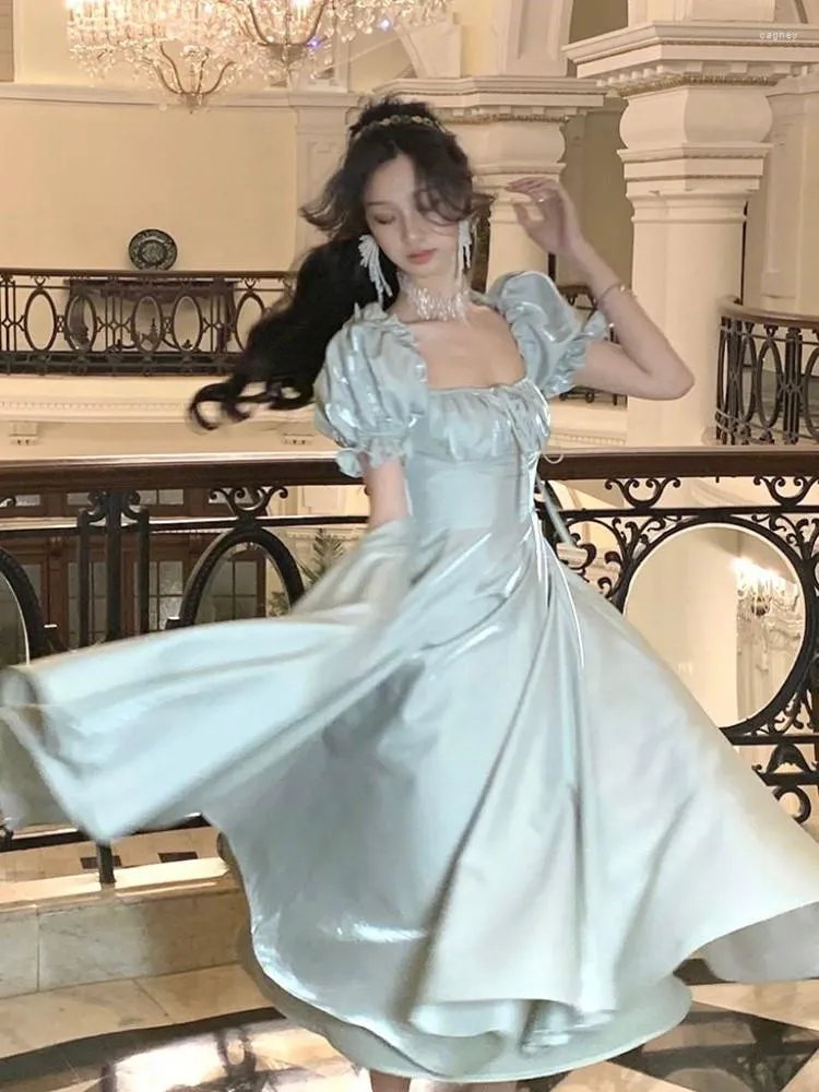 Party Dresses Vintage Square Collar A line France Style Midi Princess Dress Women Puff Sleeve Elegant Evening Romantic Prom