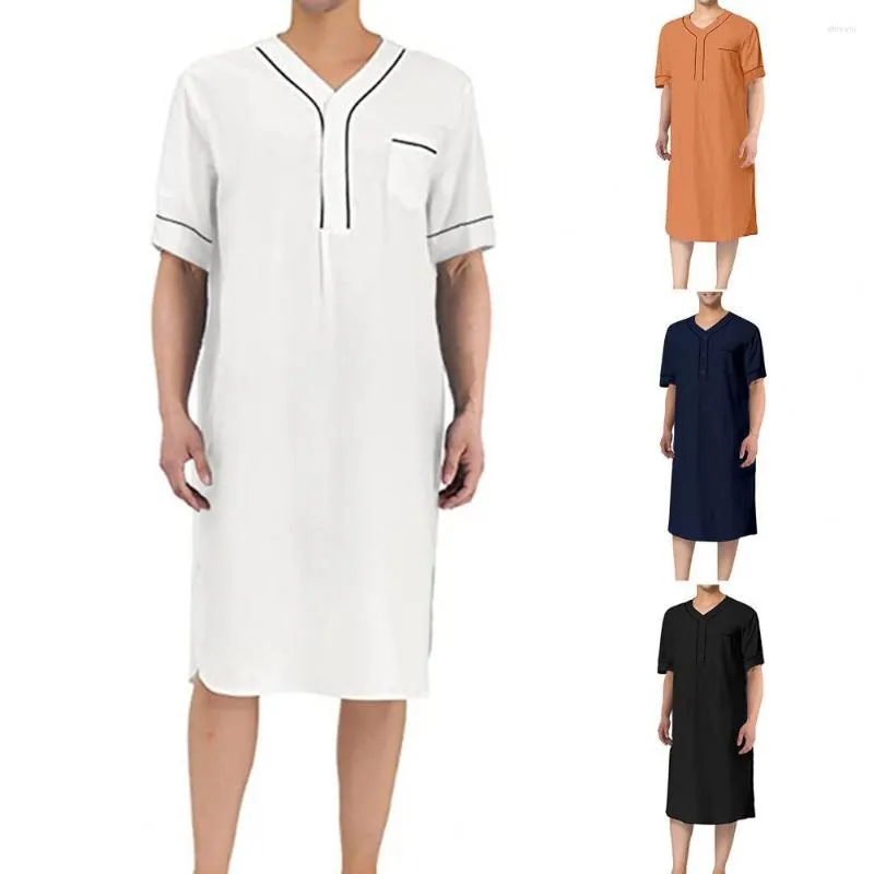 Vêtements de nuit pour hommes hommes Style minimaliste chemise de nuit confortable col en v Robe de nuit avec poche plaquée longueur mi-mollet pour les loisirs